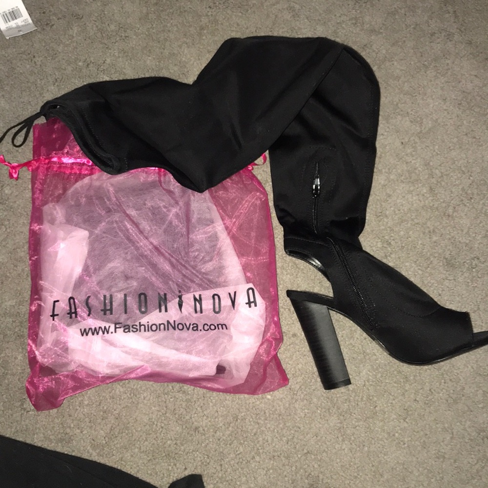 Black thigh high peep toe boot